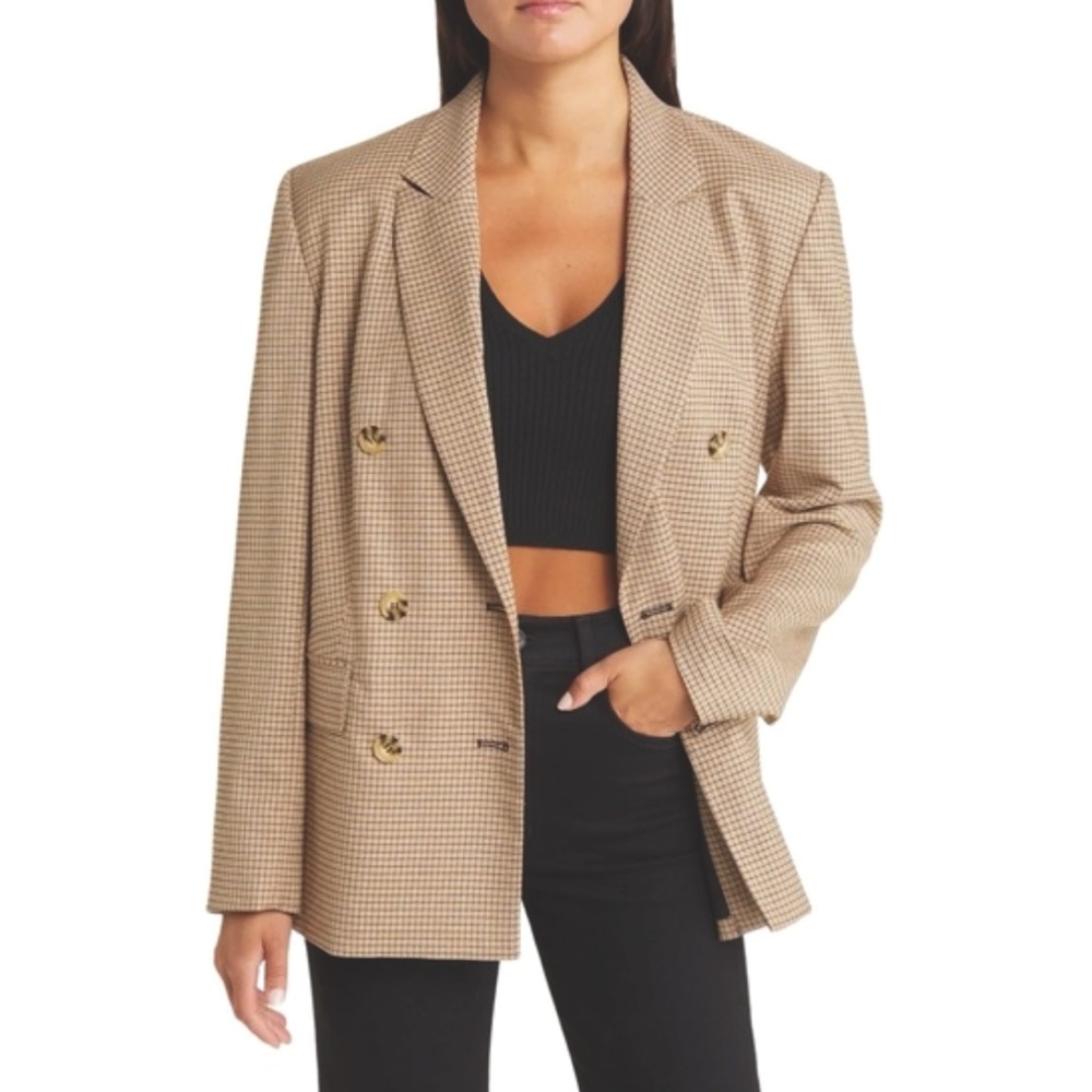 WAYF Newton Check Double Breasted Blazer in Brown Houndstooth